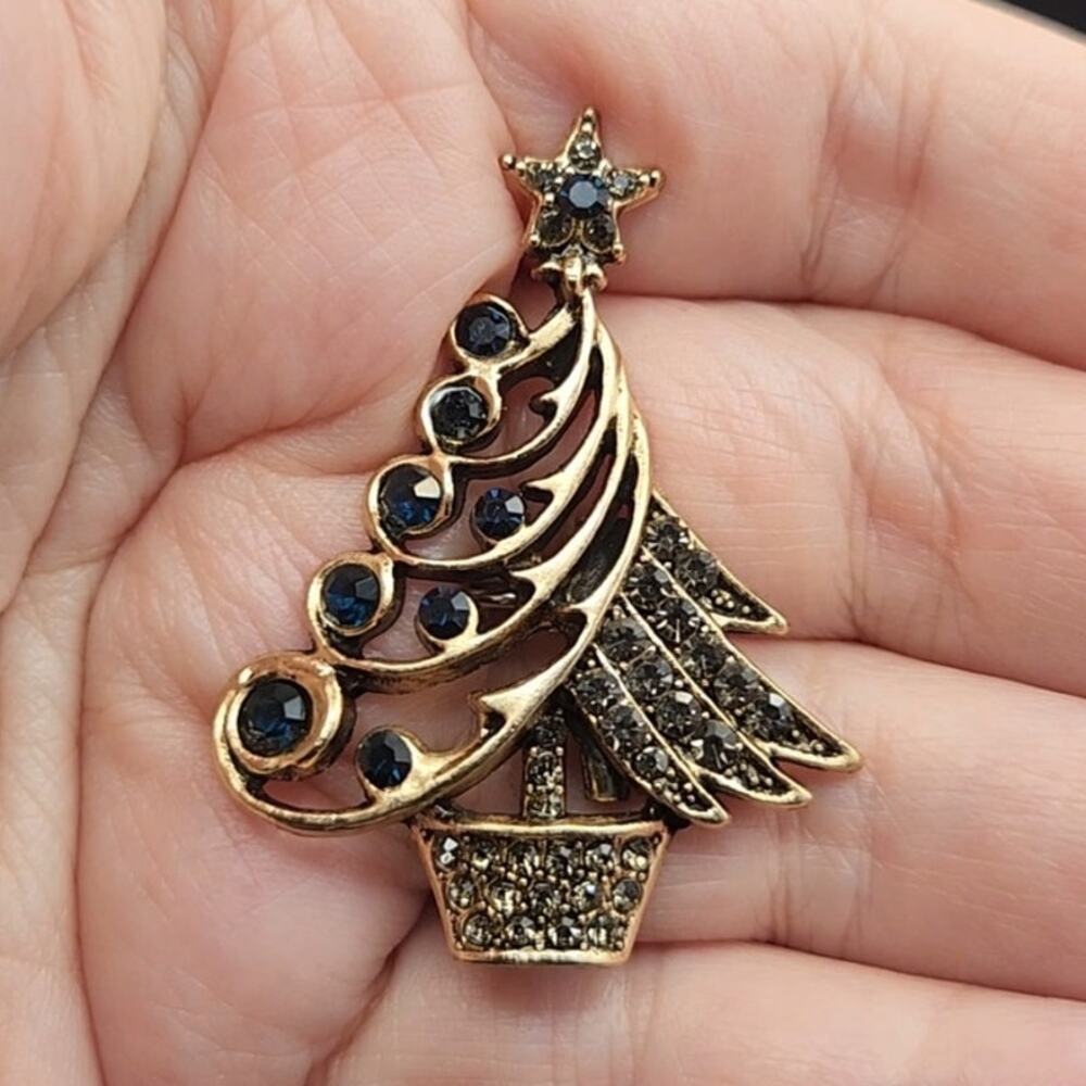 Christmas Tree Brooch Navy Blue Rhinestones on Gold Tone Metal Smaller Size